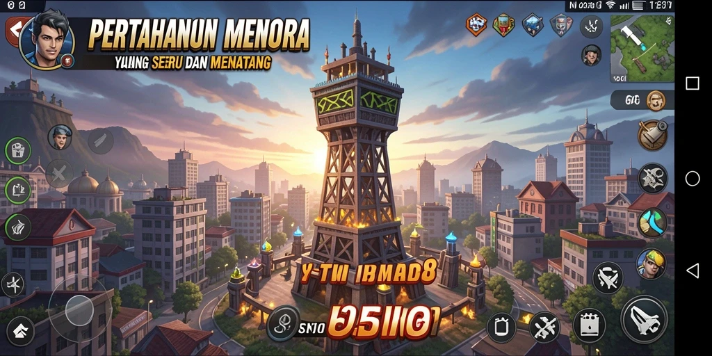 Tampilan gameplay seru di 5RT dengan menara dan musuh yang menantang.