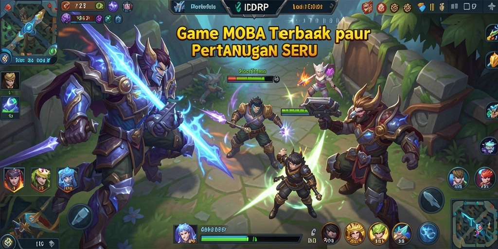 Screenshot gameplay seru dalam IDRRP yang menampilkan aksi pertarungan MOBA.