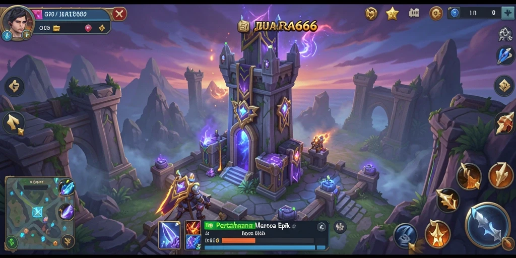 Tampilan gameplay JUARA666 dengan menara pertahanan yang strategis.