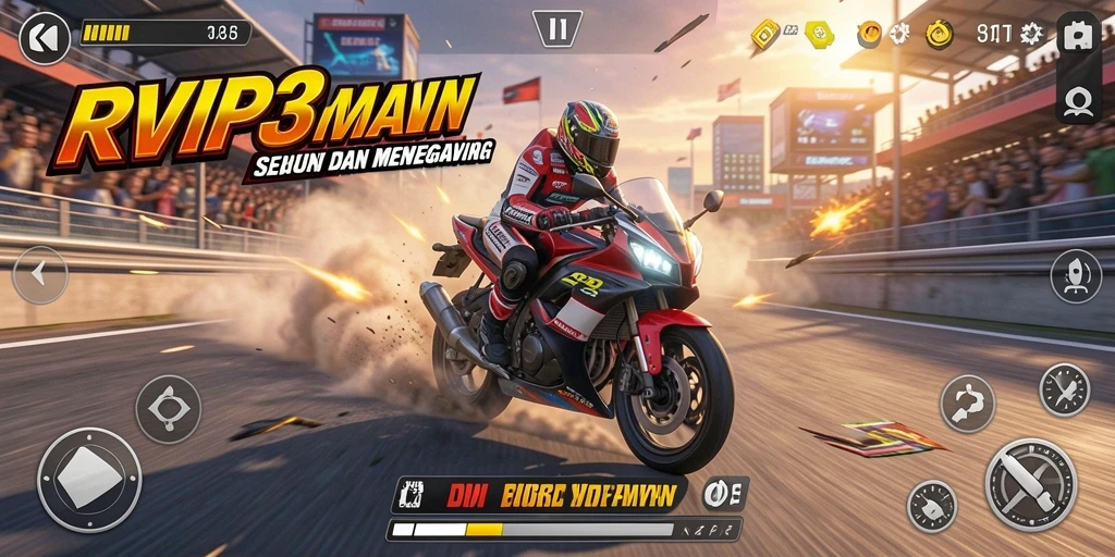 Screenshot utama RVIP3 menampilkan aksi balapan motor yang intens.